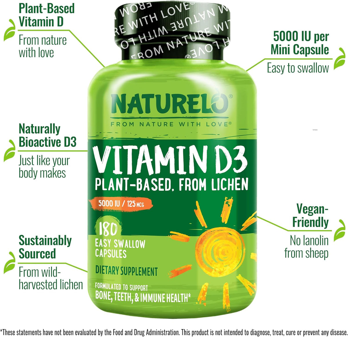 NATURELO Vitamin D - 5000 IU - Plant Based from Lichen - Natural D3 Supplement - Vegan - Non-GMO - Gluten-free - 180 Capsules - görsel 2