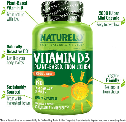NATURELO Vitamin D - 5000 IU - Plant Based from Lichen - Natural D3 Supplement - Vegan - Non-GMO - Gluten-free - 180 Capsules