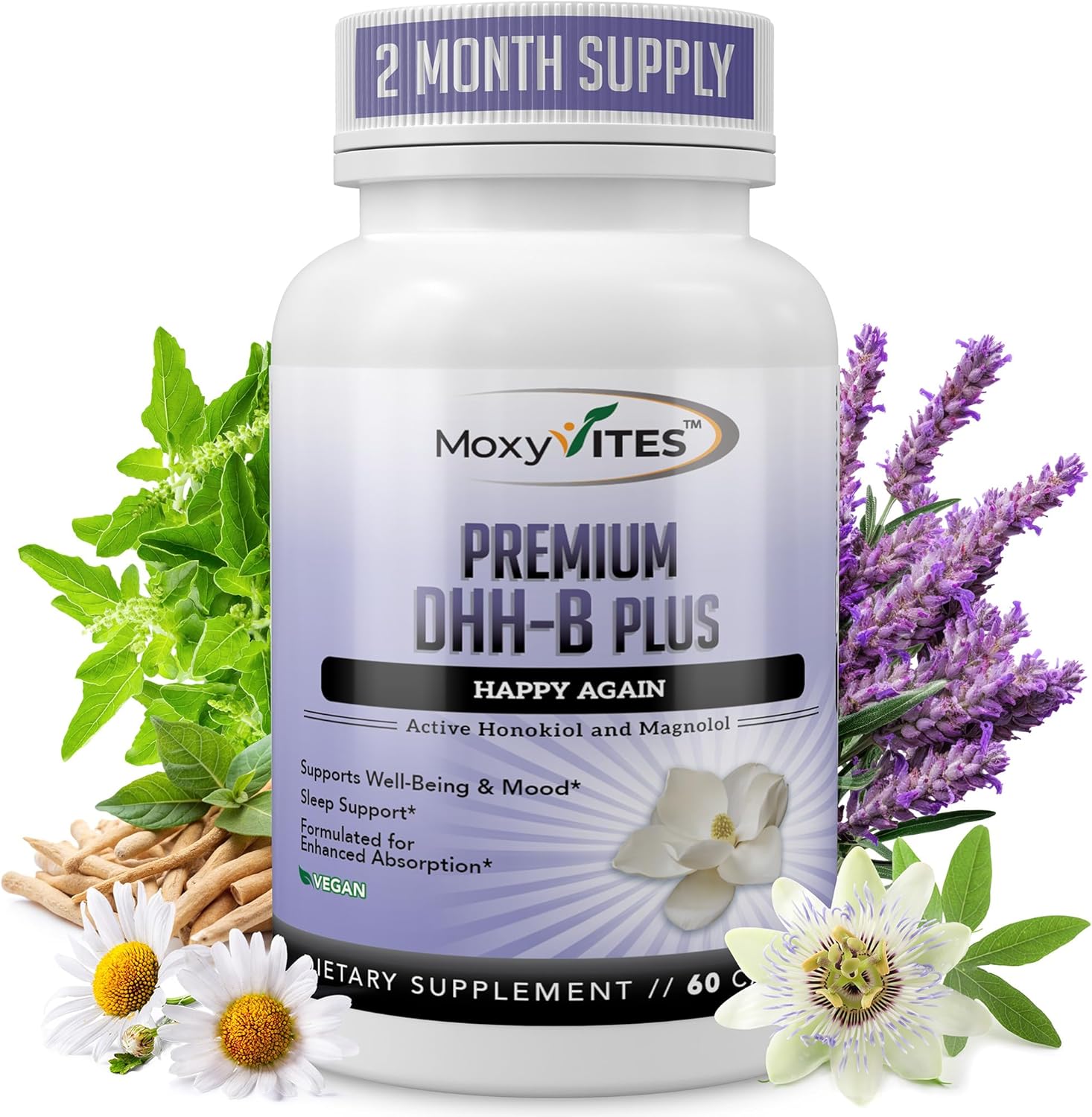 MoxyVites DHH-B Food Supplement – Bioactive Honokiol Magnolia Bark Extract for Cellular Health | Organic Ashwagandha & Herbs | 60 Vegan Capsules - görsel 1