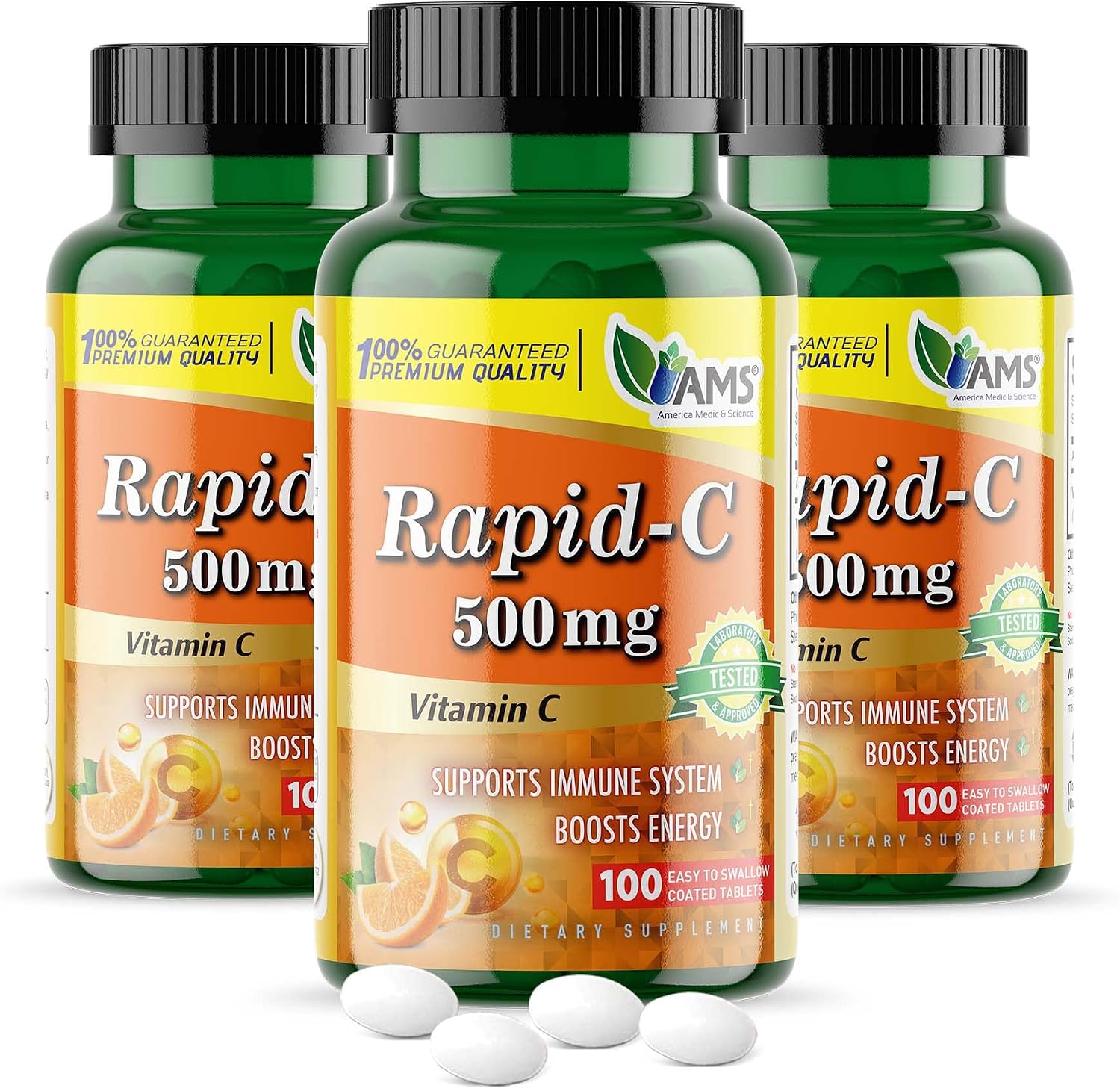 America Medic & Science Rapid-C 500mg Vitamin C Supplement (3 Pack of 100 Tablets) - görsel 1