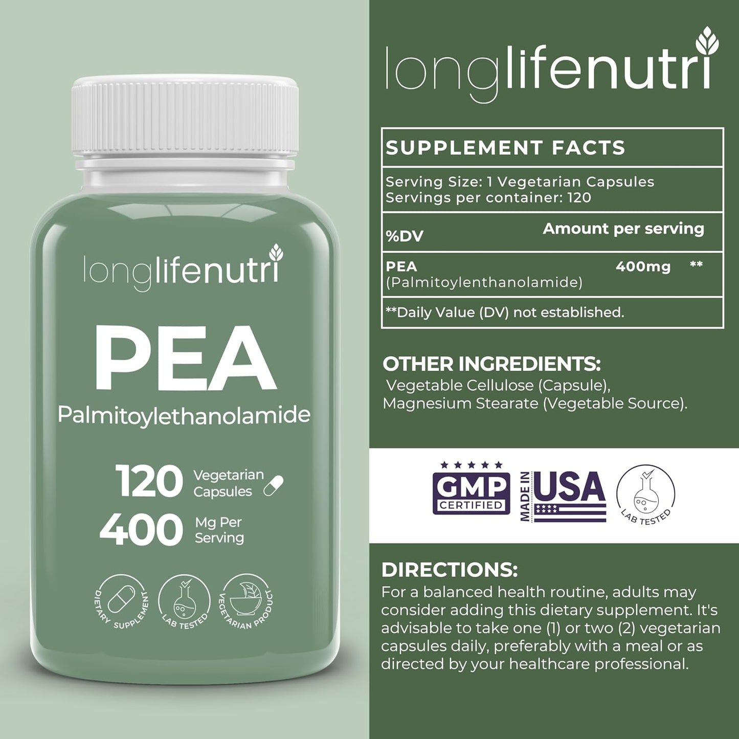 LongLifeNutri Palmitoylethanolamide (PEA) 400mg – 120 Vegetarian Capsules, Organic Supplement for Occasional Discomfort Support, 4-Month Supply, Laboratory Tested, Manufactured in USA - görsel 2