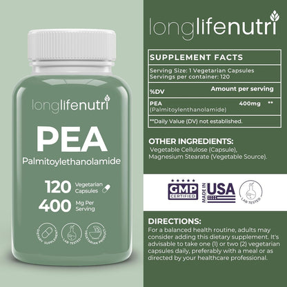 LongLifeNutri Palmitoylethanolamide (PEA) 400mg – 120 Vegetarian Capsules, Organic Supplement for Occasional Discomfort Support, 4-Month Supply, Laboratory Tested, Manufactured in USA