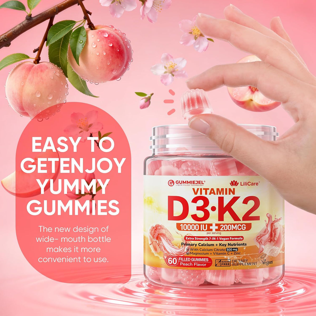 Vitamin D3 K2 Gummies with Calcium, Magnesium, Zinc - 5000 IU / 10,000 IU - Vegan, Sugar-Free, 60 Count - görsel 8