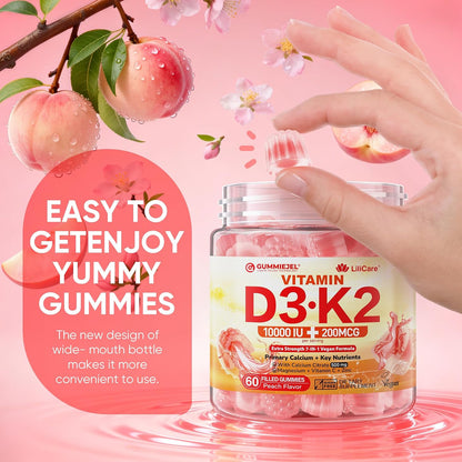 Vitamin D3 K2 Gummies with Calcium, Magnesium, Zinc - 5000 IU / 10,000 IU - Vegan, Sugar-Free, 60 Count