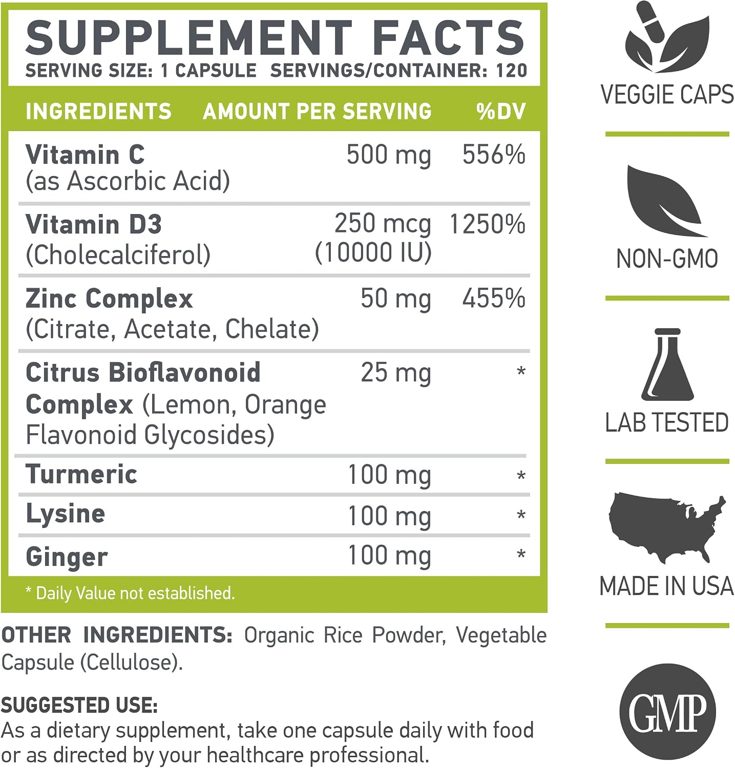 Z D C Plus – Vitamin C, D3, Zinc, Turmeric, Ginger, Lysine – 120 Vegetarian Capsules - görsel 3