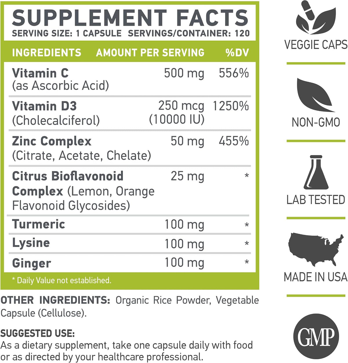 Z D C Plus – Vitamin C, D3, Zinc, Turmeric, Ginger, Lysine – 120 Vegetarian Capsules - görsel 3
