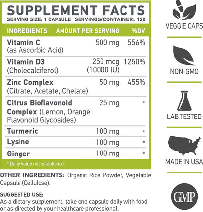 Z D C Plus – Vitamin C, D3, Zinc, Turmeric, Ginger, Lysine – 120 Vegetarian Capsules