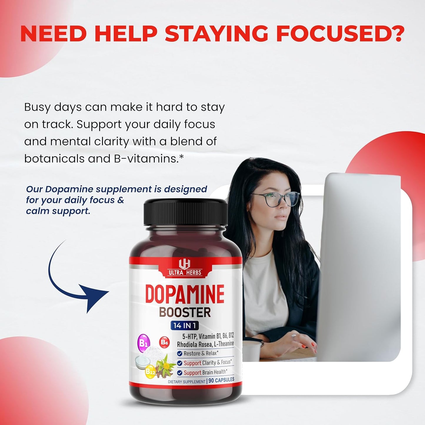 Dopamine Focus Supplement – Ashwagandha, 5-HTP, Rhodiola Rosea, St John's Wort – Support Memory, Clarity, Focus & Relaxation with B1, B6, B12, L-Theanine – 90 Capsules - görsel 2