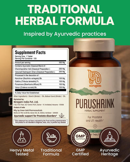 Nirogam Purushrink – Prostate Support Supplement for Men – Ayurvedic Herbal Formula – 120 Tablets