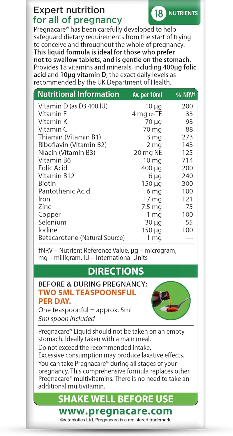 Vitabiotics Pregnacare Liquid – Prenatal Supplement with Folic Acid & Vitamin D, 200 ml - görsel 3