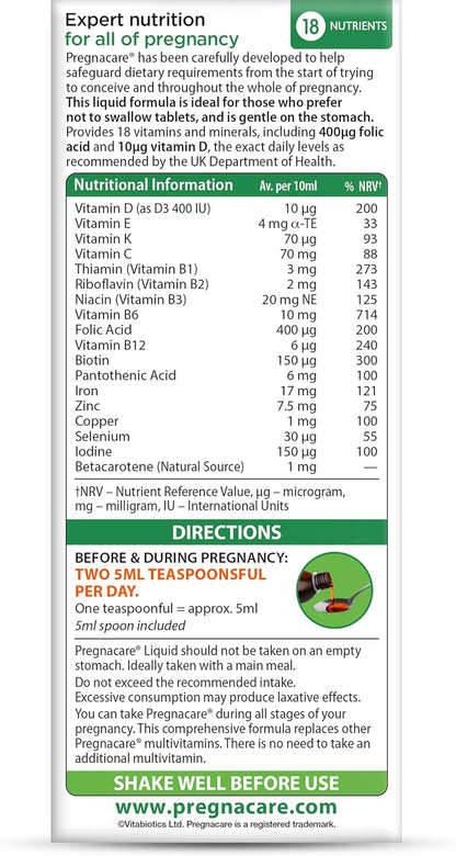 Vitabiotics Pregnacare Liquid – Prenatal Supplement with Folic Acid & Vitamin D, 200 ml