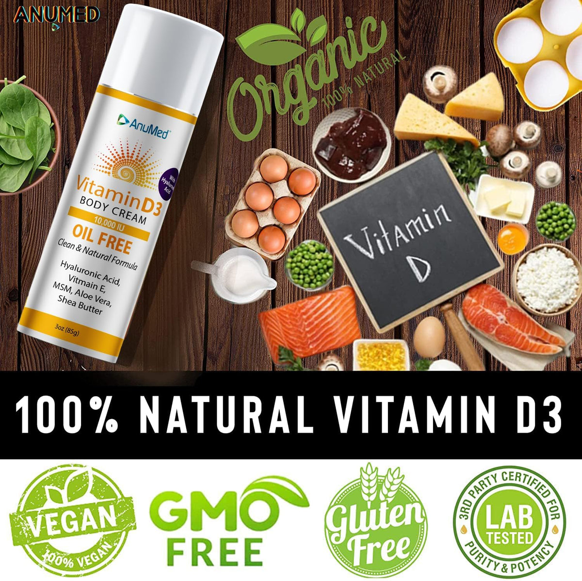 AnuMed Vitamin D3 10,000 IU Oil-Free Cream with Hyaluronic Acid, Vitamin E, and Shea Butter – Moisturising Cream for Dry Skin, Vegan & Non-GM (85 g) - görsel 5
