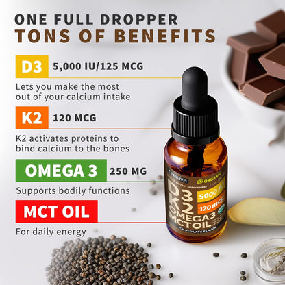 NUSAVA Organic Vitamin D3 K2 Drops with MCT Oil & Omega-3, Chocolate Flavour – Twin Pack