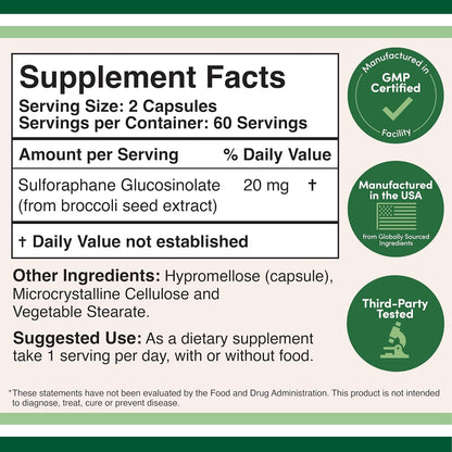 Sulforaphane Supplement - 20mg of Sulforaphane per Serving (120 Capsules) Broccoli Extract