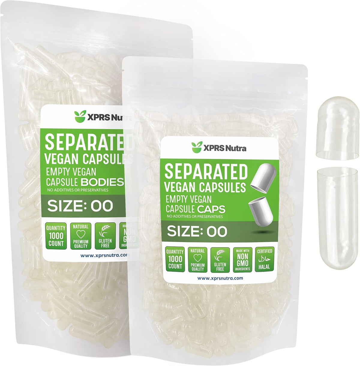 XPRS Nutra Vegan Size 00 Pre-Separated Capsules - 1000 Count Premium Empty Capsules in Bags - görsel 1