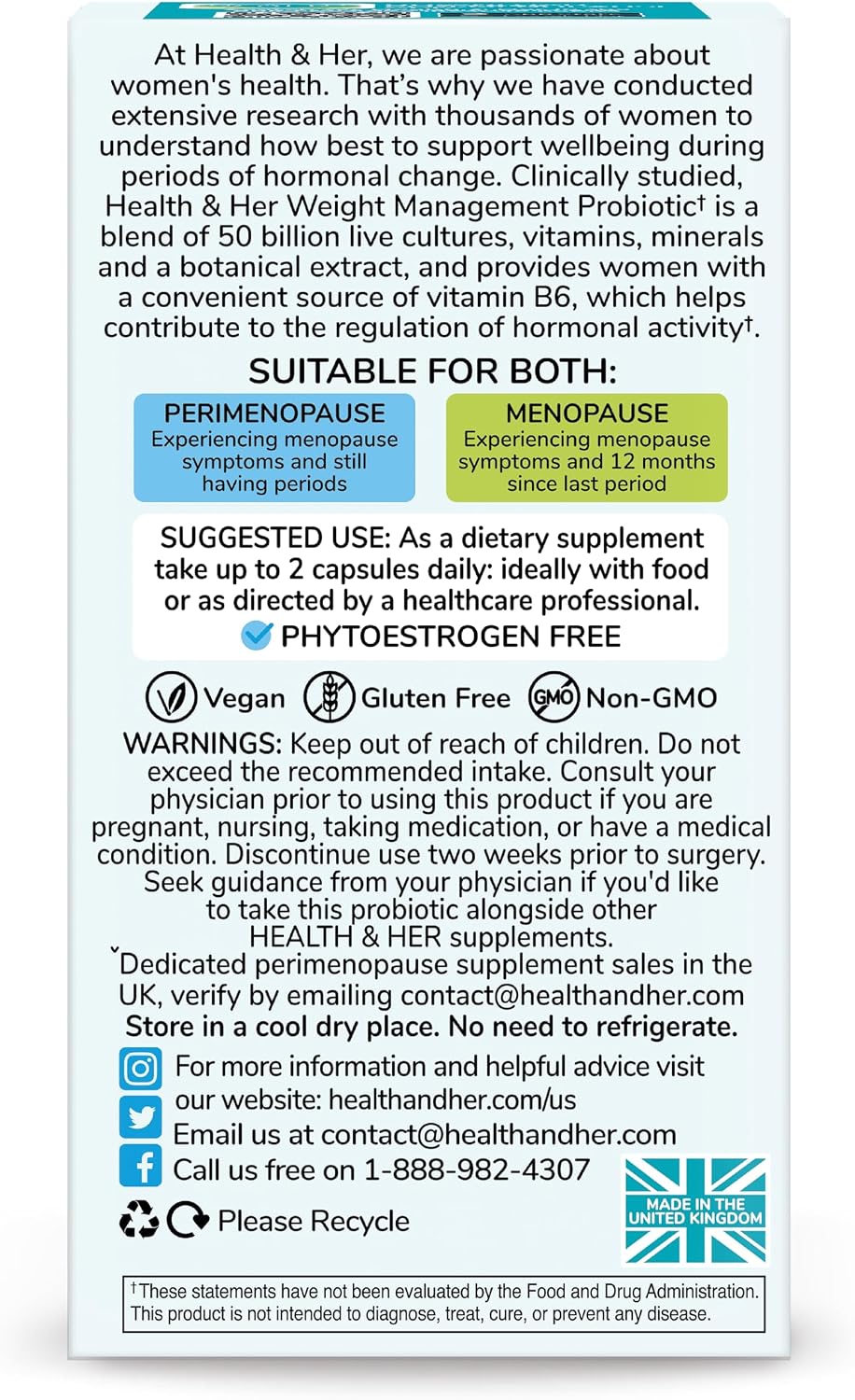 Health & Her Weight Management Probiotics for Women – Perimenopause & Menopause Supplement – Clinically Studied 50bn CFU Probiotics to Support Gut Health, Energy, Mood & Mind – Vegan (60 Capsules, One Month Supply) - görsel 6