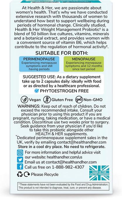 Health & Her Weight Management Probiotics for Women – Perimenopause & Menopause Supplement – Clinically Studied 50bn CFU Probiotics to Support Gut Health, Energy, Mood & Mind – Vegan (60 Capsules, One Month Supply)