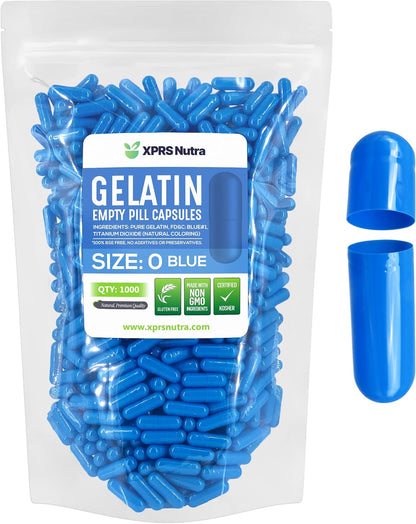 XPRS Nutra Size 0 Empty Gelatine Capsules - 1000 Count for DIY Capsule Filling (Blue)