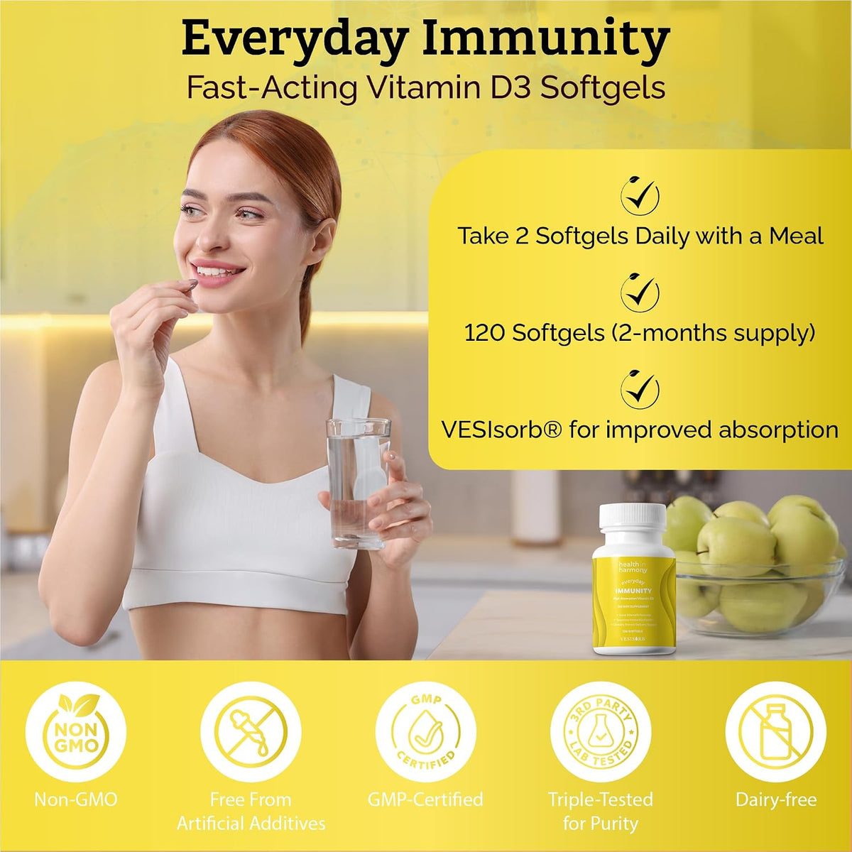 Everyday Immunity 4000 IU Vitamin D3 Supplement - Fast Acting Immune & Bone Support with VESIsorb (60 Softgels, 1-Month Supply) - görsel 7