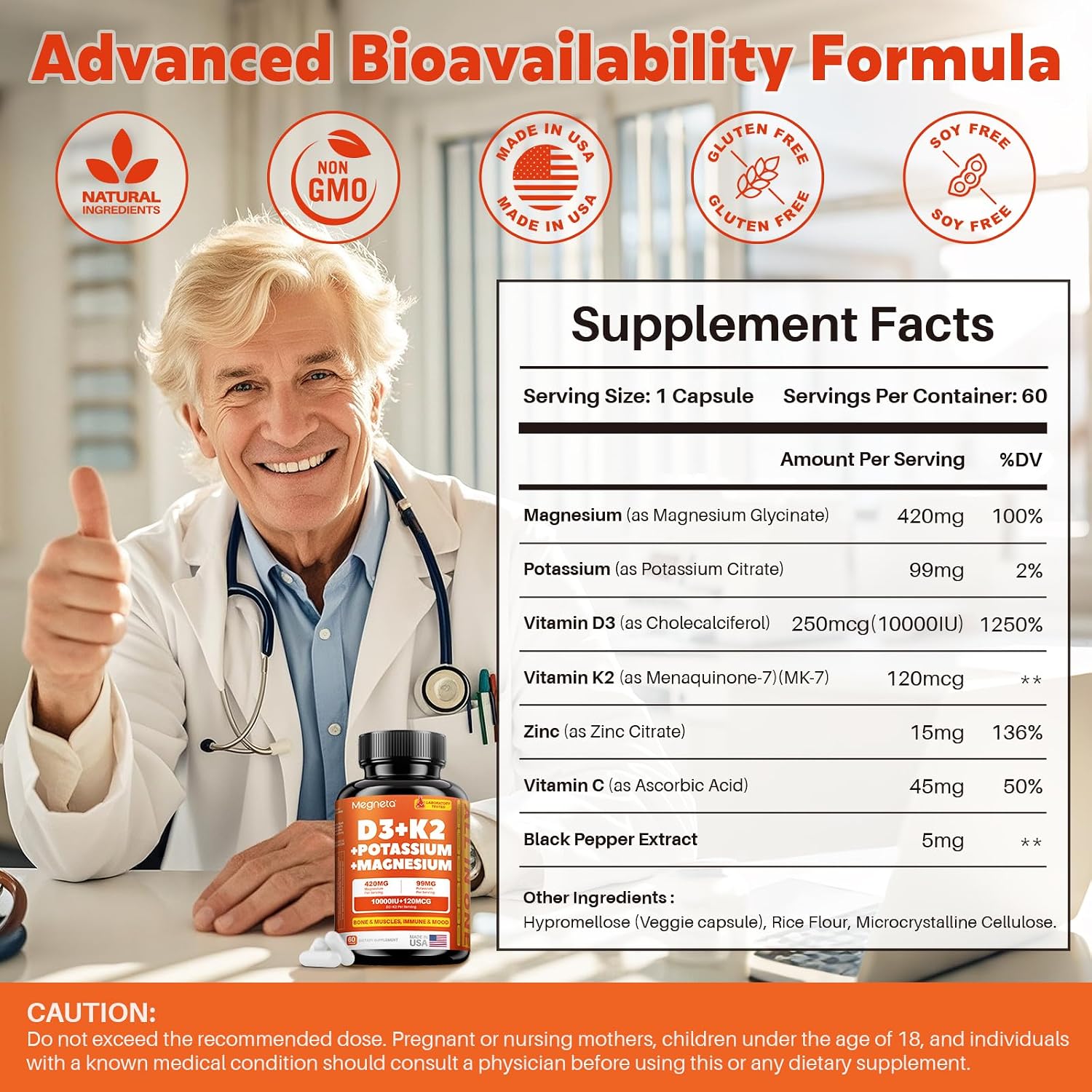 Vitamin D3 K2 (MK-7) 10,000 IU with Magnesium Glycinate & Potassium Supplement - High Absorption, 60 Capsules - görsel 6