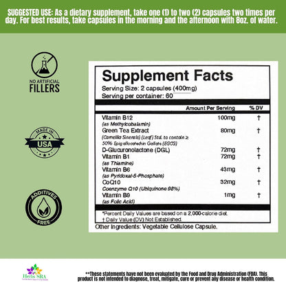 Herbs SRA ENERGYAID Antioxidant Energy Support Supplement with Vitamin B6, Green Tea & CoQ10