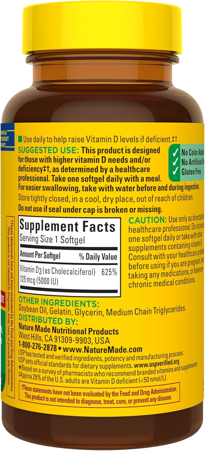 Nature Made Vitamin D3 5000 IU (125 mcg) Softgels, Extra Strength, 180 Count - görsel 8