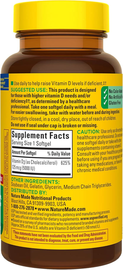 Nature Made Vitamin D3 5000 IU (125 mcg) Softgels, Extra Strength, 180 Count