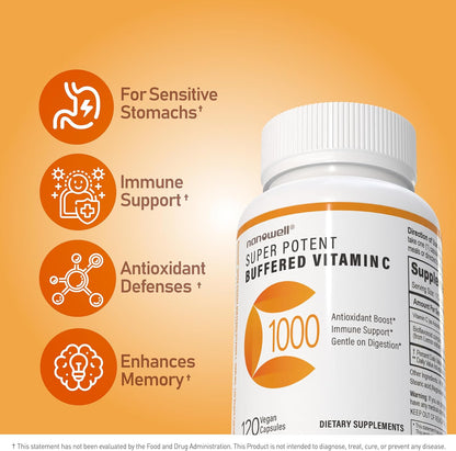 NANOWELL Super Potent Buffered Vitamin C 1000 mg with Bioflavonoid Complex - Antioxidant & Immune Support - Healthy Skin & Joints - Gluten-free - 180 Servings