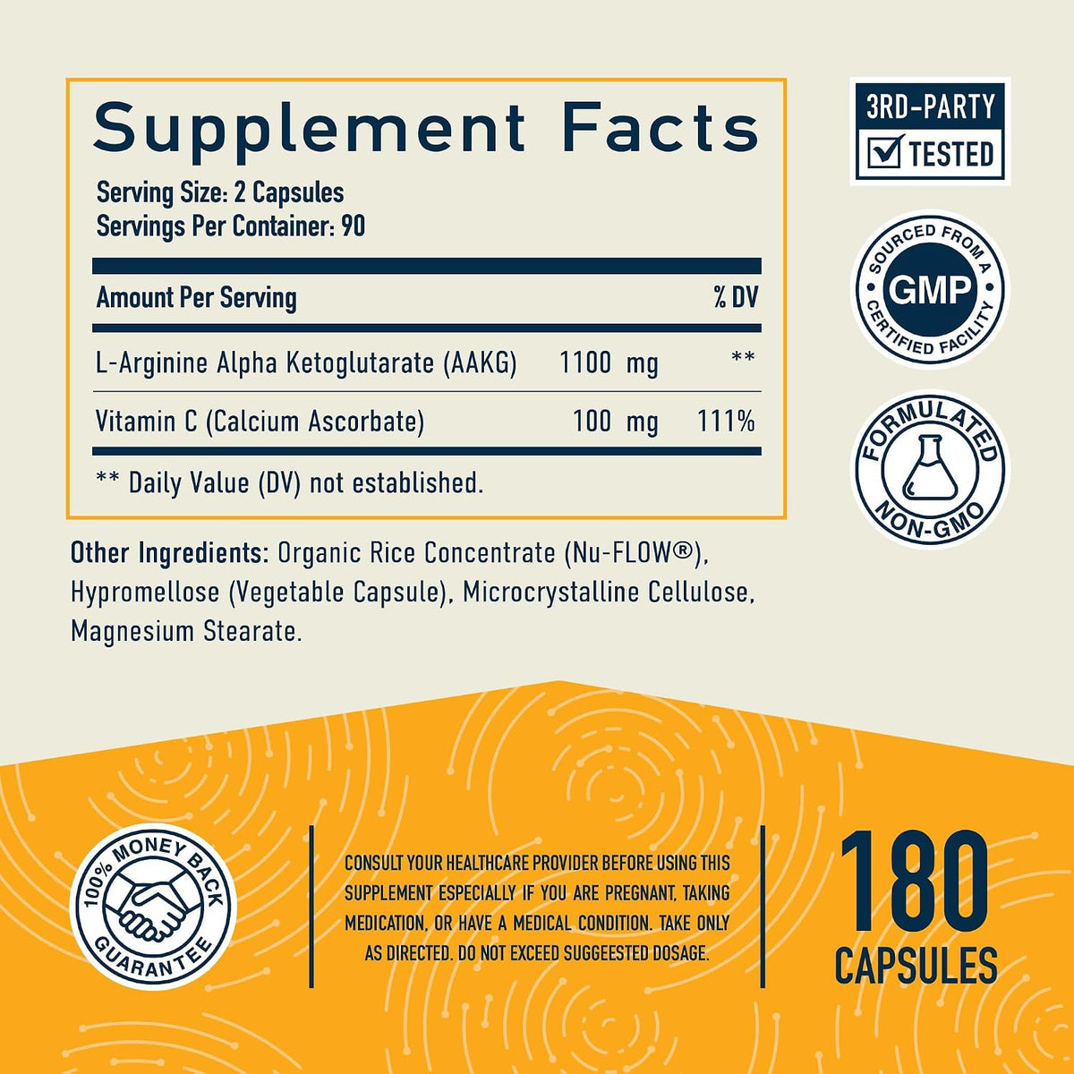 AKG Supplement - 1100mg AAKG with Calcium & Vitamin C - 180 Capsules - Vegan, Non-GMO - görsel 5