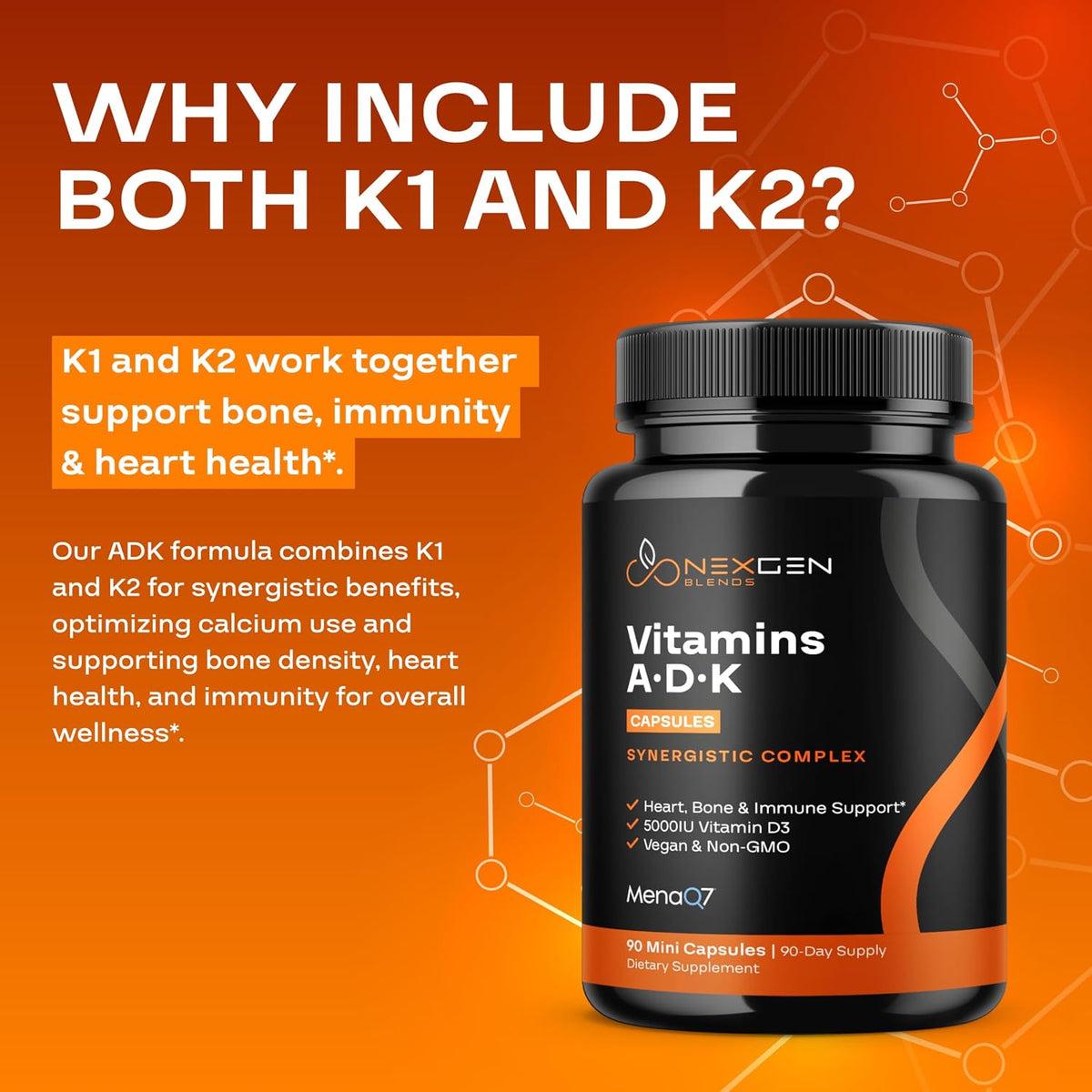 NexGen Blends ADK Vitamin Supplement: Vegan D3 K2 MK7 & A - 5000 IU, 3-Month Supply - görsel 6