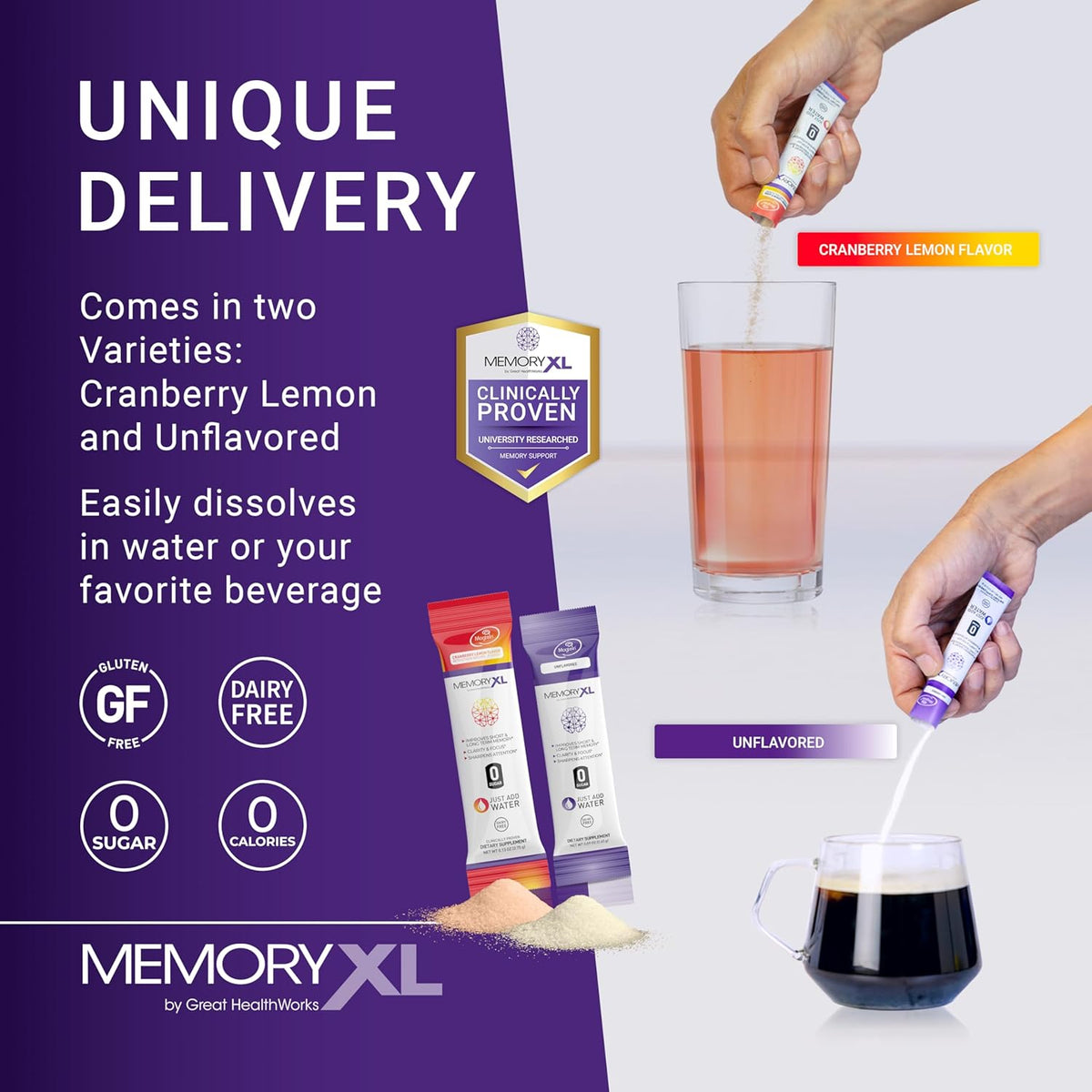 MemoryXL Brain Supplement with Magnesium L-Threonate (Magtein®), Phosphatidylserine and Vitamins - 30 Stick Packs, Cranberry Lemon - görsel 5