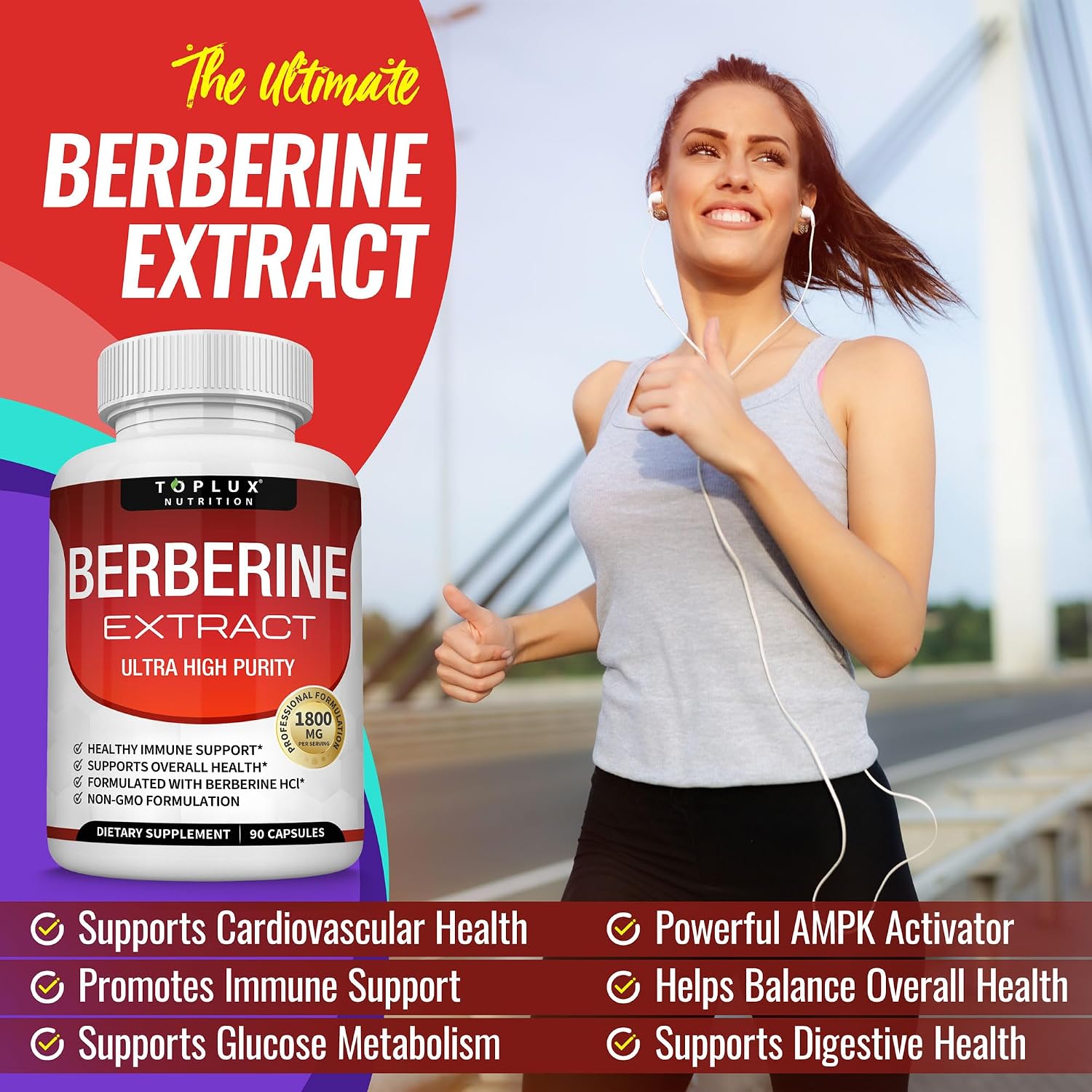Toplux Berberine Supplement 1800mg - Berberine HCl 97% Purity, High Potency, 90 Capsules - görsel 4