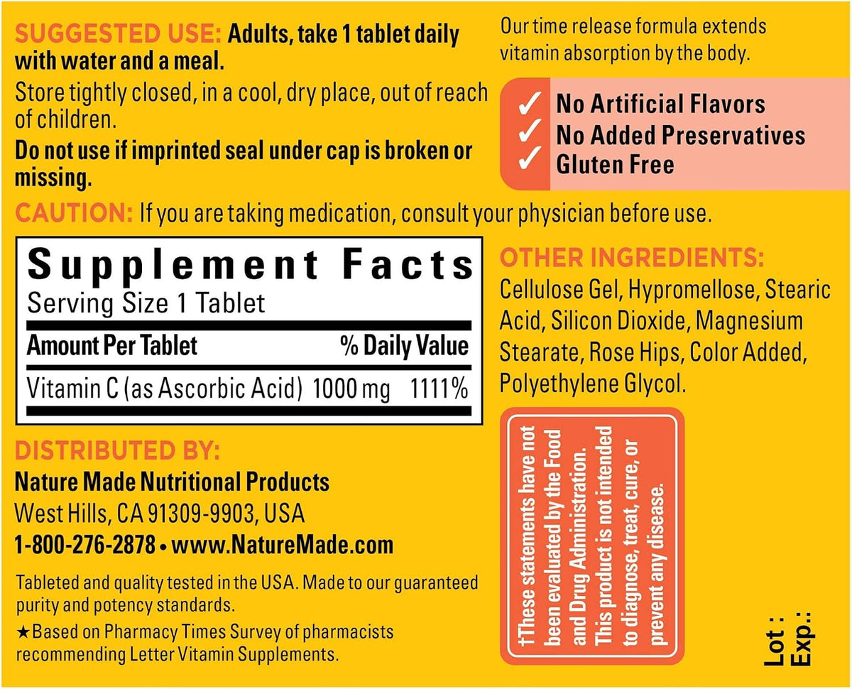 Nature Made Vitamin C 1000 mg Time Release Tablets with Rose Hips, 60 Tablets - görsel 4