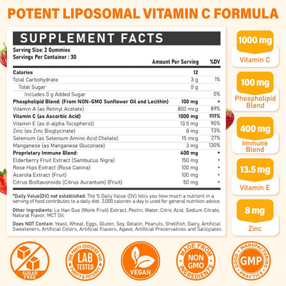 Liposomal Vitamin C Gummies 1000mg for Adults: Vitamin C Chewy Gummy with Zinc, Elderberry, Vitamins A & E