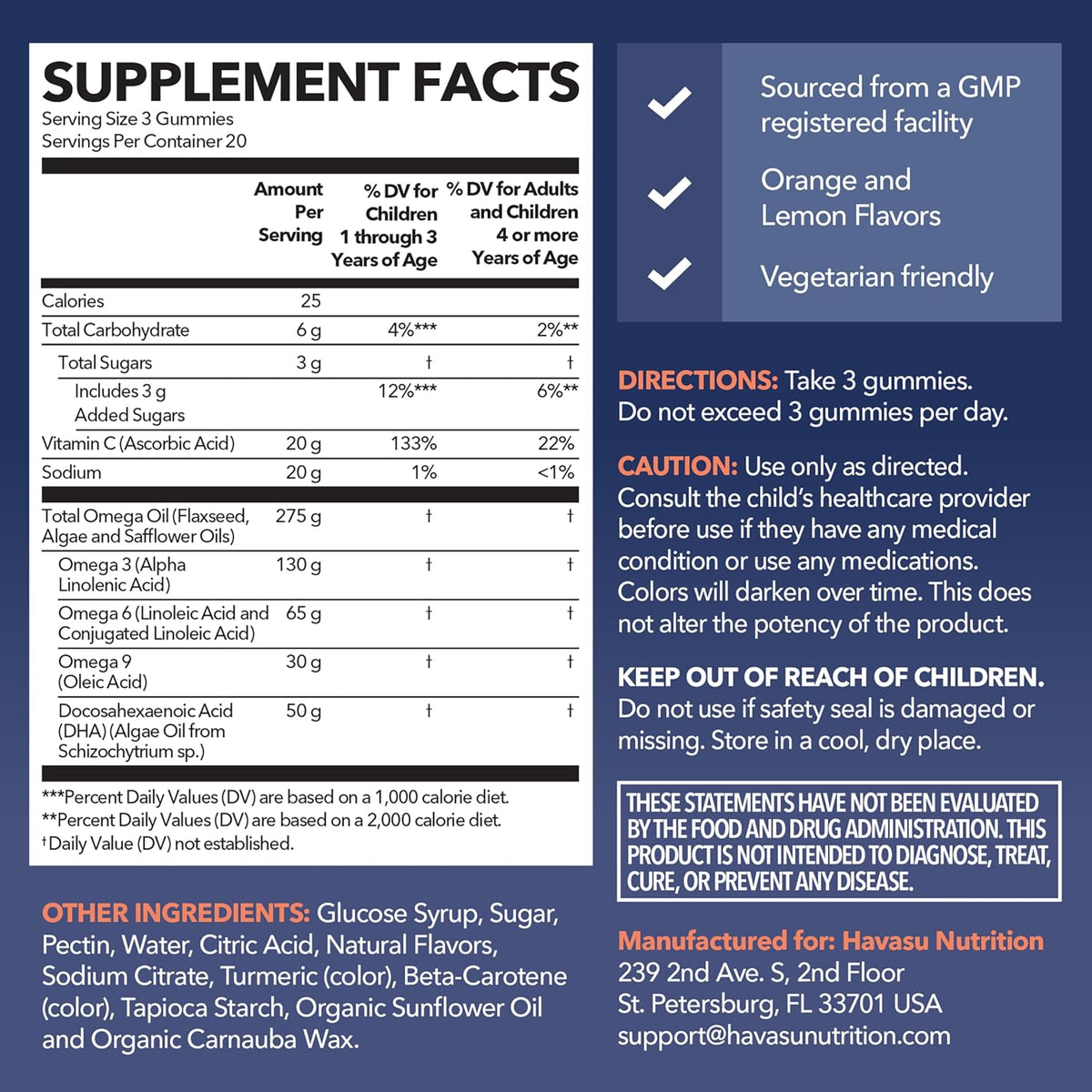 Havasu Nutrition Omega Gummies for Kids - Plant-Based Omega-3-6-9 + DHA, Lemon & Orange, 60 gummies - görsel 2
