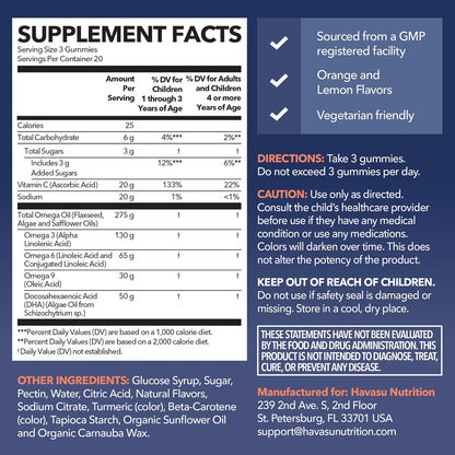 Havasu Nutrition Omega Gummies for Kids - Plant-Based Omega-3-6-9 + DHA, Lemon & Orange, 60 gummies