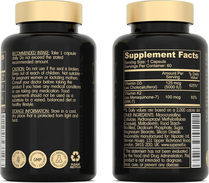 SuperSelf Vitamin D3 K2 Capsules - 5000 IU D3 + 100 mcg K2 MK-7 - 60 Vegetarian Capsules