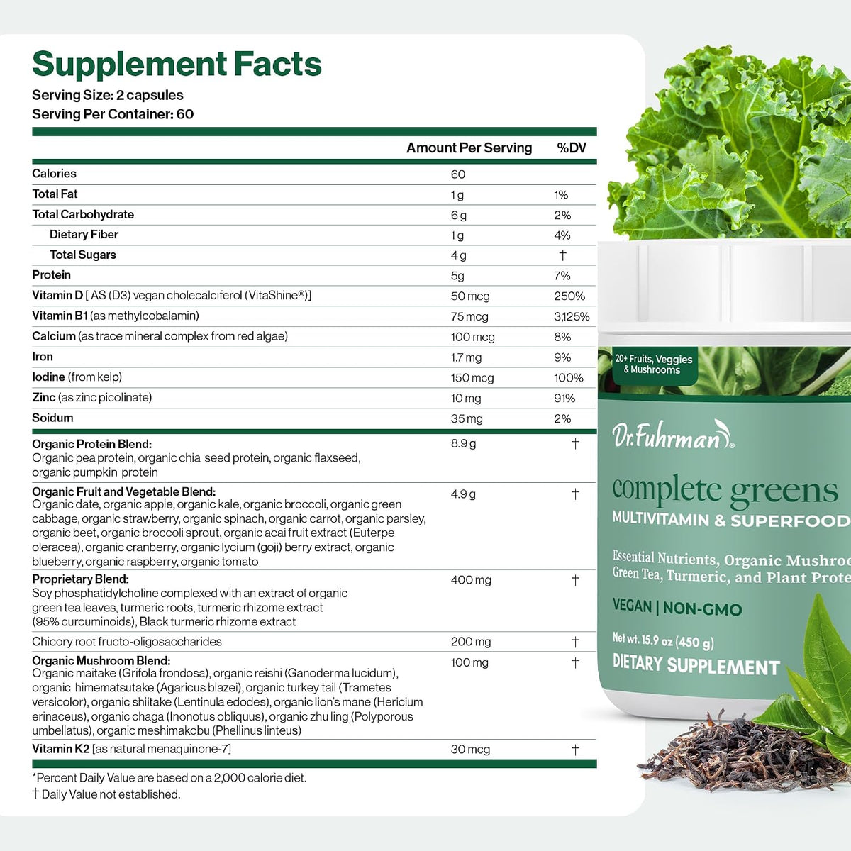 Dr. Fuhrman Whole Food Greens Powder - Premium Greens Superfood Powder Multivitamin with Organic Mushrooms, Turmeric, Plant Protein, Vitamins B12, D3, K2 - görsel 5