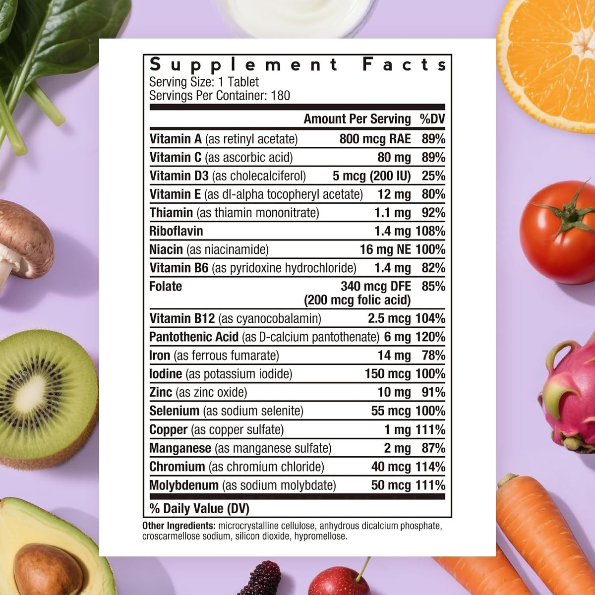 Doctor's Recipes Multivitamin for Women and Men, Immune, Energy and Brain Health Support, Vitamin A, C, D3, E, B6, B12, Folic Acid, Iron, Zinc, Copper, Selenium and Iodine, No Gluten, Non-GMO, 180 Tablets - görsel 2