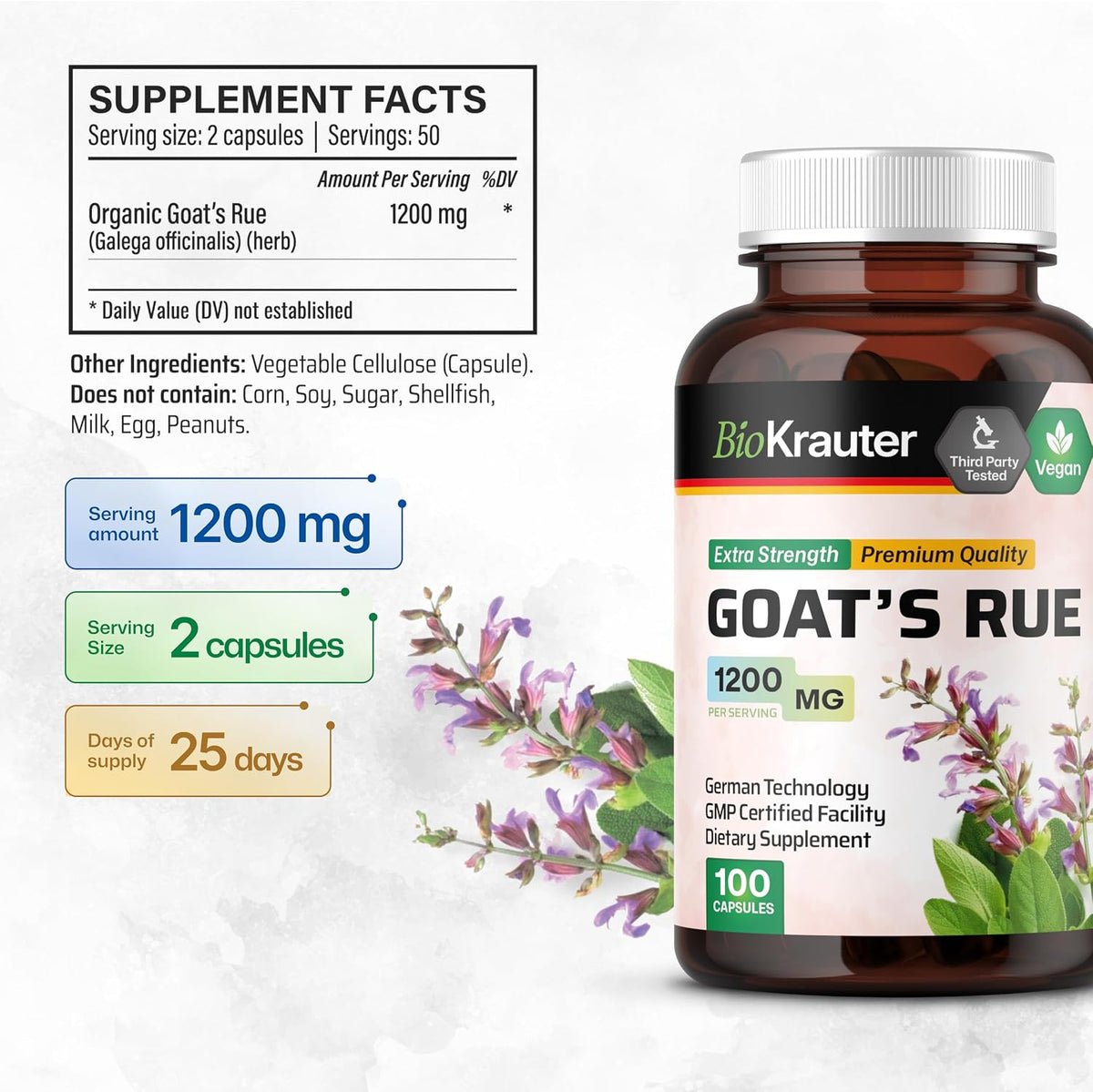 BIO KRAUTER® Goat's Rue for Breastfeeding - Pure Vegan Lactation Supplement - 100 Capsules, 1200 mg per Serving - görsel 3