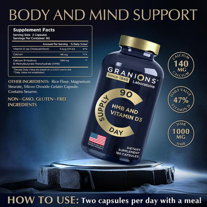 Vitamin D3 and HMB Supplement – 1000mg Calcium HMB Per Serving, Muscle and Bone Support, 180 Capsules (3-Month Supply)