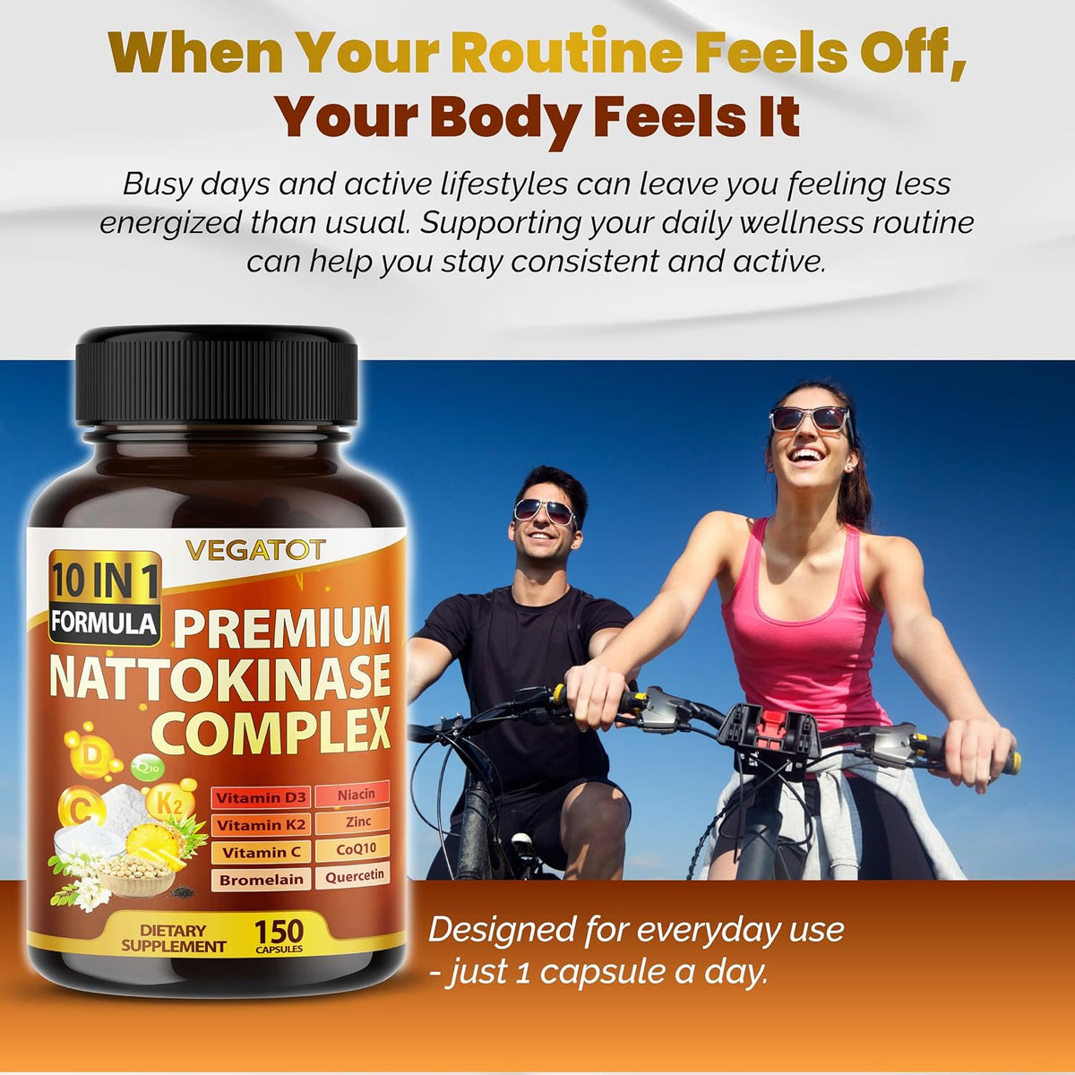 Vegatot Nattokinase Supplement, 10-in-1 Nattokinase Complex 6000 FU with Vitamin K2, CoQ10, Quercetin, Bromelain, and Niacin, Daily Enzyme and Wellness Support*, 150 Capsules, Non-GMO, Gluten-free - görsel 2