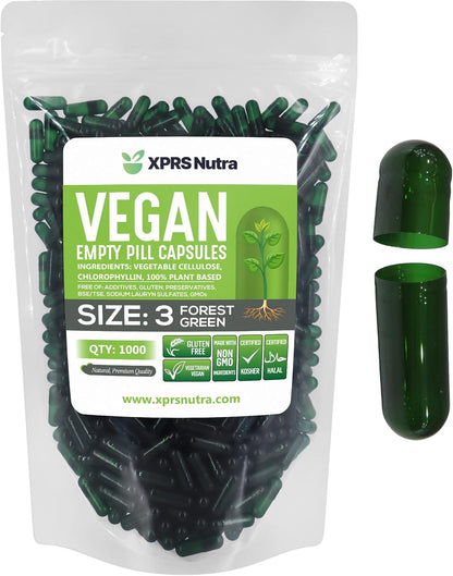 XPRS Nutra Size 3 Empty Capsules – 100 Count Vegan Empty Pill Capsules – DIY Vegetable Capsule Filling – Forest Green
