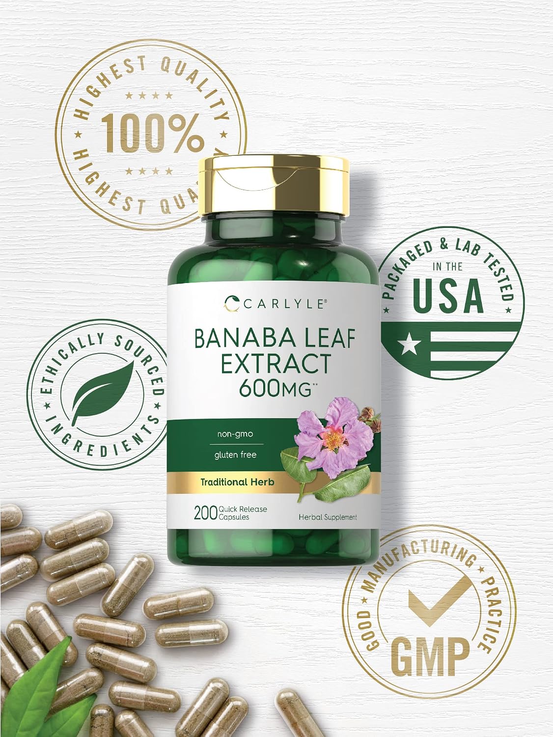 Carlyle Banaba Leaf Extract Capsules - 200 Capsules - Non-GMO & Gluten-free Supplement - görsel 5