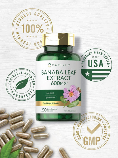 Carlyle Banaba Leaf Extract Capsules - 200 Capsules - Non-GMO & Gluten-free Supplement