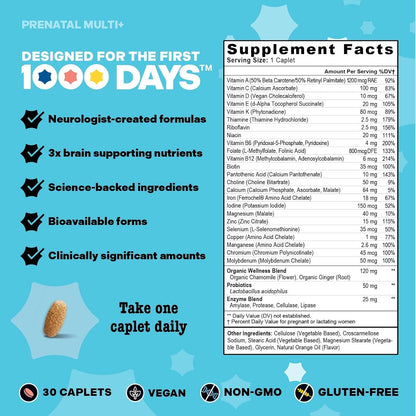 Mama Bird - Prenatal Multi+ (30 Servings) Pregnancy Multivitamin for Women - 30+ Essential Nutrients, Baby Brain Development - Methylfolate & Probiotics, Methylated Multivitamin - Vegan, Gluten-free, Non GMO