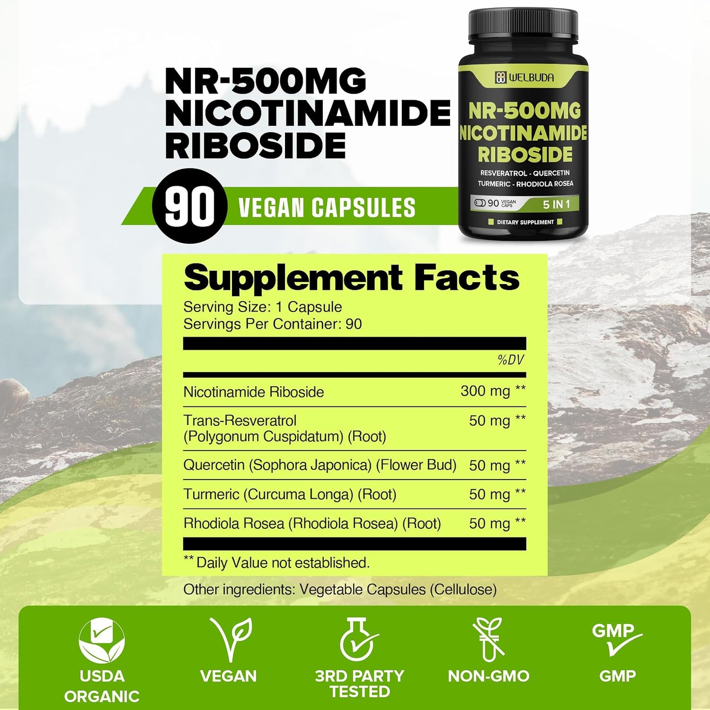 WELBUDA 5in1+ Nicotinamide Riboside Supplement with Resveratrol, Quercetin, Turmeric, Rhodiola Rosea – 90 Capsules - görsel 2