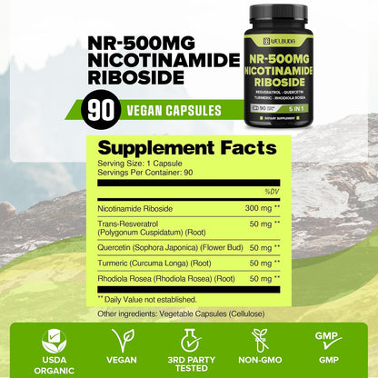 WELBUDA 5in1+ Nicotinamide Riboside Supplement with Resveratrol, Quercetin, Turmeric, Rhodiola Rosea – 90 Capsules