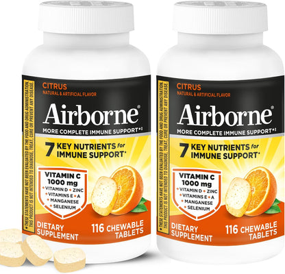 Airborne 1000mg Vitamin C + Zinc Immune Support Chewable Tablets, Citrus Flavour (116 Tablets)