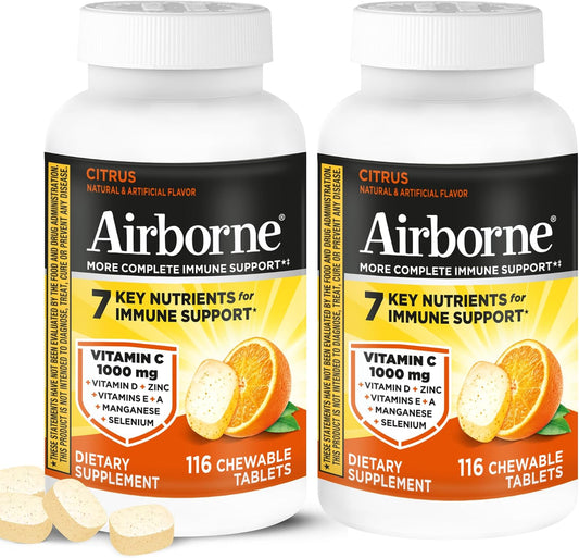 Airborne 1000mg Vitamin C + Zinc Immune Support Chewable Tablets, Citrus Flavour (116 Tablets) – Image 1